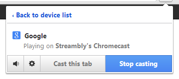 Screenshot of Chrome's Google Cast Casting Status