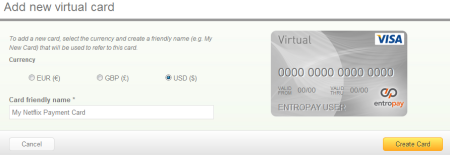 A screen capture of the EntroPay create new virtual card form
