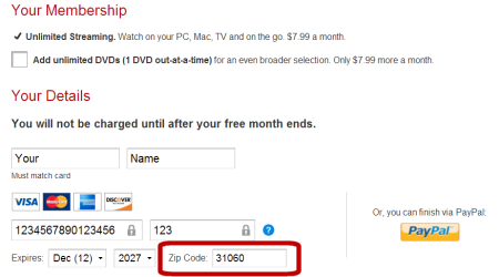 A screen capture of the Netflix Payment Form