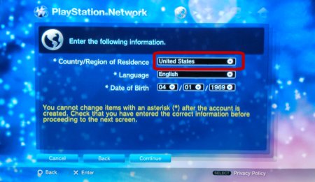 Screen Capture: PS3: PSN Country, Birthday Entry