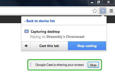 Screenshot of Chrome's Google Cast Desktop Casting Status