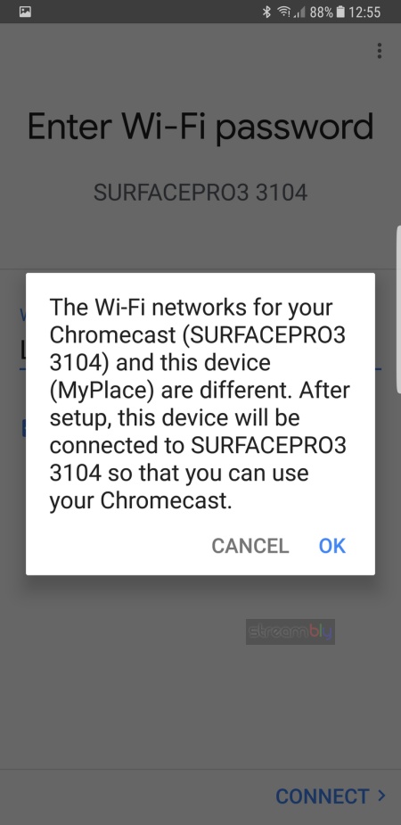 A screenshot of the Google Home app's Chromecast device settings, connecting to the mobile hotspot
