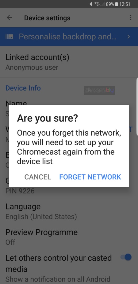 A screenshot of the Google Home app's Chromecast device settings, resetting the WiFi settings