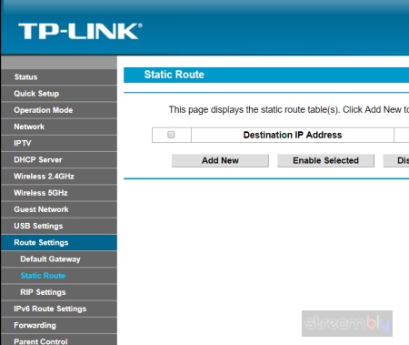 A screenshot of a TP-Link router's Static Route section