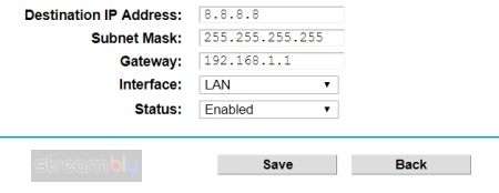A screenshot of a TP-Link router's Static Route settings
