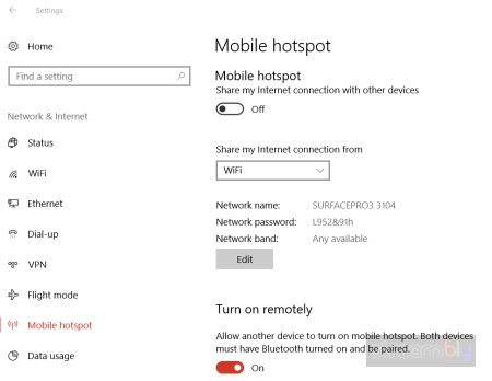 A screenshot of the Windows 10 Mobile Hotspot Settings