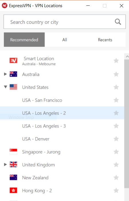 A screenshot of the ExpressVPN location selection screen