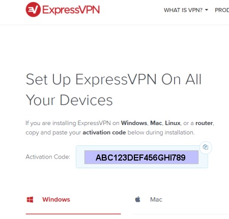 A screenshot of the ExpressVPN website showing an example activation code