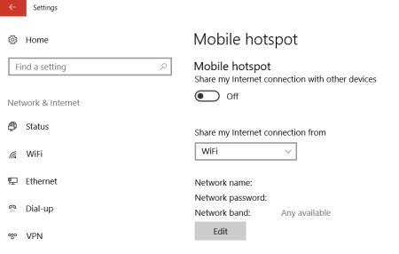 A screenshot of the Windows 10 Mobile Hotspot setup page