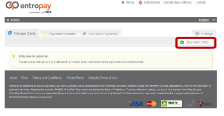 A screen capture of the EntroPay account management page