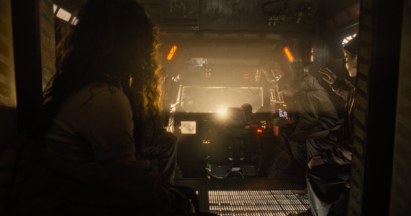 Still from Alien: Romulus: Cailee Spaeny as Rain Carradine, Archie Renaux as Tyler, Isabela Merced as Kay, Spike Fearn as Bjorn, Aileen Wu as Navarro