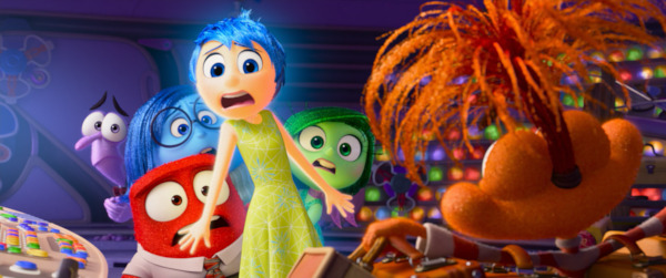 Still from Inside Out 2 - Amy Poehler as Joy, Phyllis Smith as Sadness, Lewis Black as Anger, Tony Hale as Fear, and Liza Lapira as Disgust