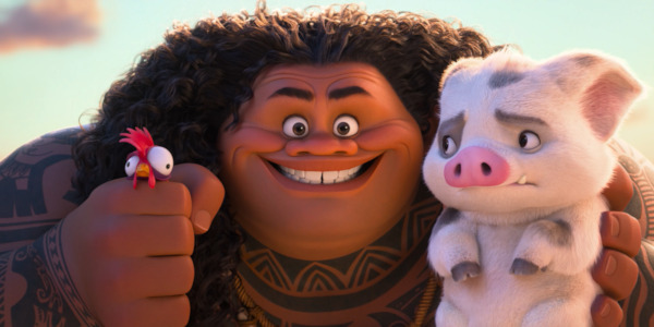 Still from Moana 2 - Dwayne Johnson as Maui, Alan Tudyk as Heihei, and Pua