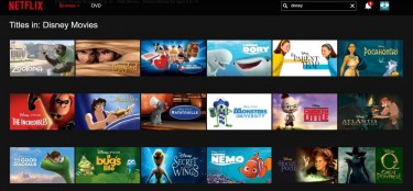 A screenshot of Netflix's website listing available Disney movies