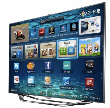 Photo of a Samsung smart TV displaying the Samsung Smart Hub page