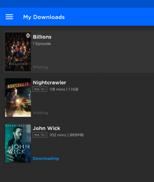 Screenshot of the Stan Android app, showing the download queue