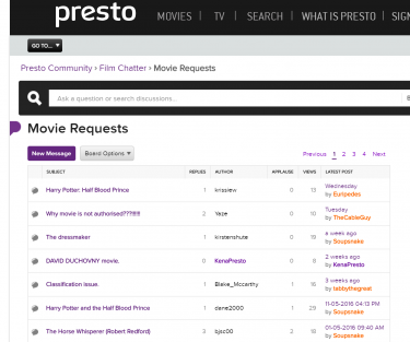 Screenshot from Presto Community - Movie Requests
